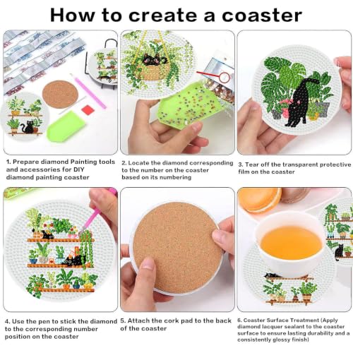 8 Pcs Cat Diamond Art Coasters Kit, Diamond Painting Coasters - color: Cat and Plants