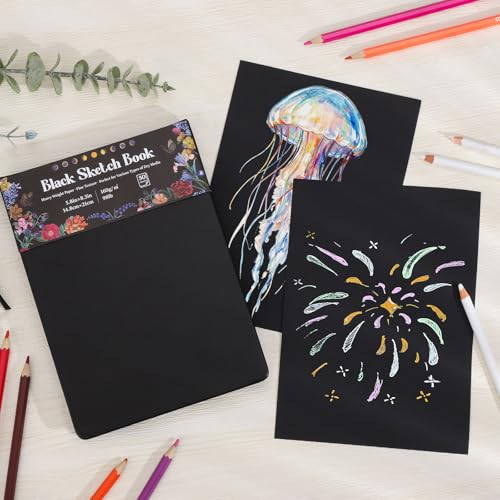 160gsm Black Paper Sketchbook 5.8 × 8.3 in, 50 Sheets Black Paper Notebook - size: 5.8×8.3 Inch (1 pack)