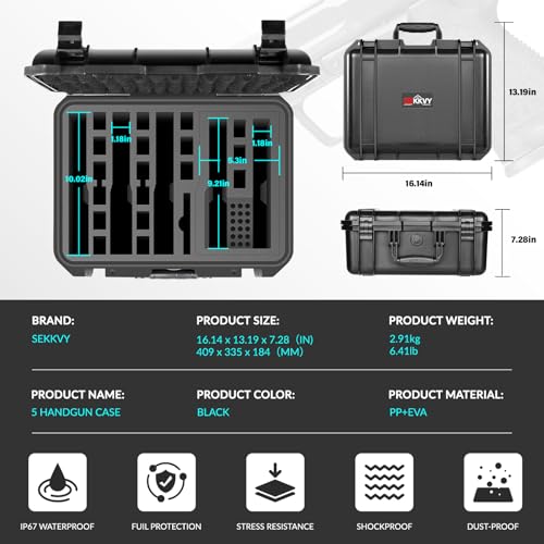 SEKKVY Gun Case for Handguns, Pistol Case Hard Shell - color: 5 Pistol & 18 Magazine, Black