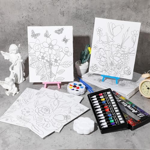 Sherr 108 Pcs Flower Sip and Paint Kit, Pre Drawn Canvas for Adults - style: Flower