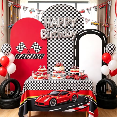 Racing Party Arch Backdrop Cover Set of 3, Spandex 4ft 5ft 6ft Checkered Flag Race Car Chiara Arch Covers for Birthday Baby Shower – Red Black White Stretchy Fitted Round Top Backdrop Cover - color: Black White Checkered Racing Theme Party Arch Raci