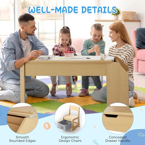 5-in-1 Kids Art Table and Chairs, Toddler Table and Chair Set, Craft Play Desk for Kids, Convertible Art Easel with Paper Roll Holder & Storage Drawers, Children Activity Learning Center - Nature Wood - color: Natural Wood