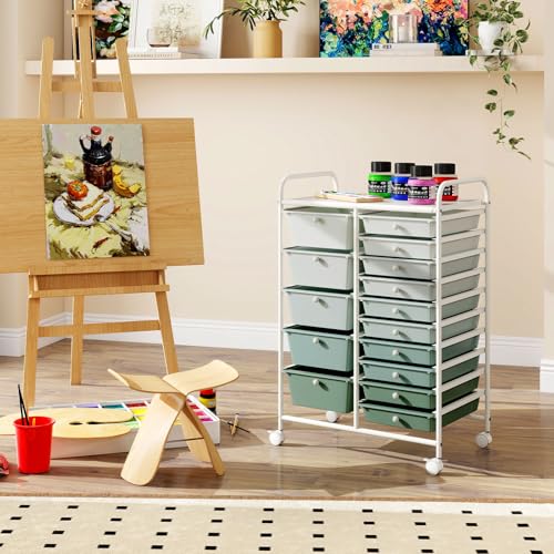 RELAX4LIFE 15-Drawer Storage Drawer Carts - Mobile Rolling Utility Cart - color: Gradient Green, style: 15 Drawers-34.5"