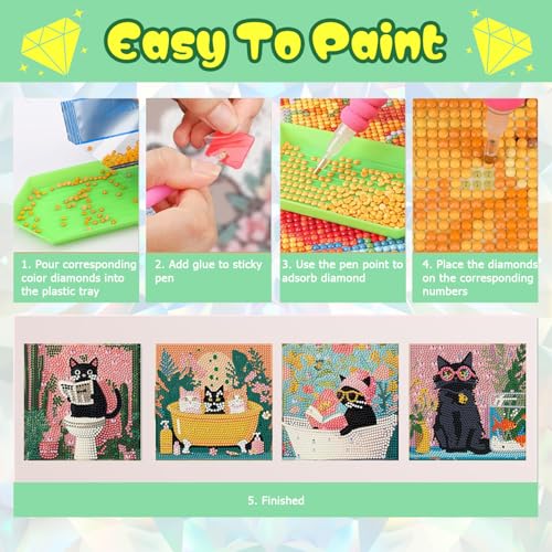 ICYANART 4 Pack Cat Diamond Art for Kids, Cat Diamond Art Kids Easy 6x6Inch - color: Funny Cat