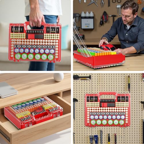 Molutsody Battery Organizer Box with Tester, Storage Case Holds 260 Batteries, Double Clear Locking Lid for AA AAA C D 9V - Red (Batteries Not Included) - color: Red