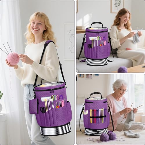 Crochet Yarn Knitting Bag 3PCS Expandable Large Yarn Storage Organizer Bag - color: Purple