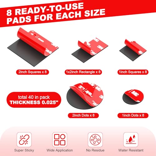Double Sided Tape Heavy Duty 40PCS Adhesive Pads 1“ and 2” Squares Dots Rectangles Strong Waterproof Mounting Tape for Dashboard Dash Cam Windshield Suction Cup Phone Holders Black