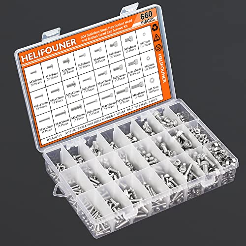 HELIFOUNER 660 Pieces M3 M4 M5 M6 Hex Socket Head Screws and Button Head Socket Cap Screws Nuts Assortment Kit, 304 Stainless Steel - size: M3 M4 M5 M6