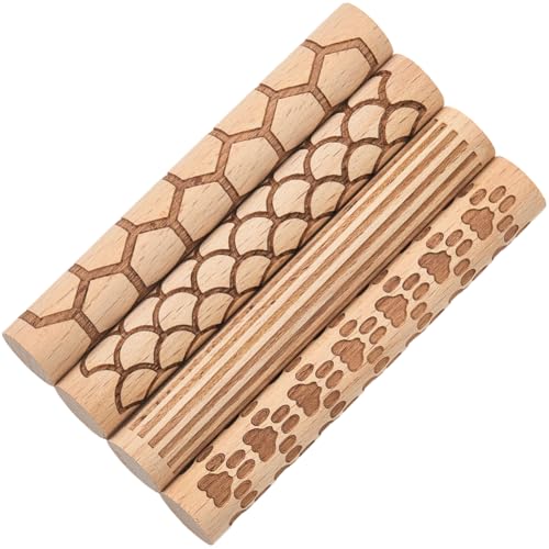 CREATCABIN 4 Pcs Wooden Clay Texture Rollers Pottery Stamp Roller Tools Sector Straight Line Paw Hexagon Pattern Textured Rolling Pins for Modeling Ceramics Painting Handmade Craft Art DIY 3.94 Inch
