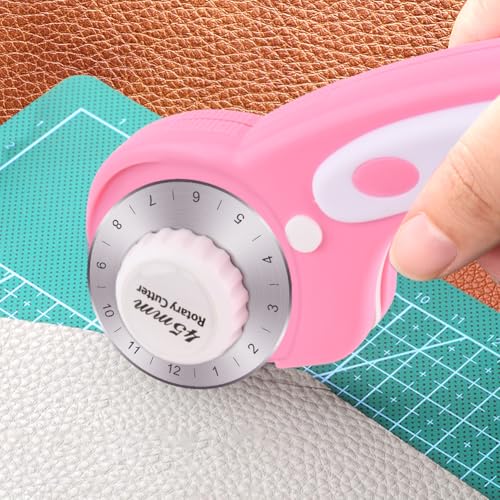 45mm Rotary Cutter for Fabric with 10pcs Replacement Blade, Ergonomic Handle Rolling Cutter with Safety Lock for Fabric, Leather, Paper, Crafting, Sewing, Quilting (COLOR:Pink) - color: Pink