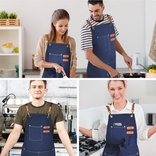 OUNLEN Chef Apron for Men Women Canvas Aprons with 3 Pockets Cross Back Resistant Work Apron for Cooking - color: Dark Blue