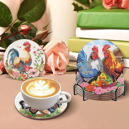 askkqtx 8 Pcs Chicken Diamond Art Coasters Kits with Holder 4X4 Inch - color: Coasters-bdwy296