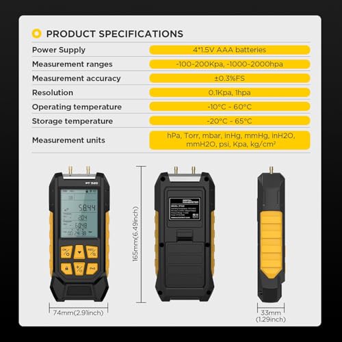 PT520 Digital Manometer Dual-Port HVAC Differential Pressure Gauge