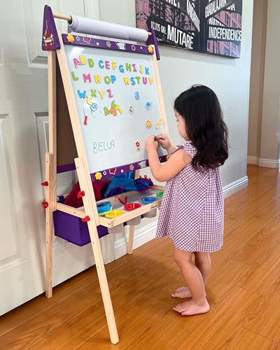 Joyooss Art Easel for Kids Easel for Toddlers,Adjustable Standing Wooden Toddler Easels Kid Whiteboard & Chalk Board Kids Dry Erase Board,Art Easel for Kid Age 2-4 4-8 9-12 Drawing Easels - color: Purple Easel