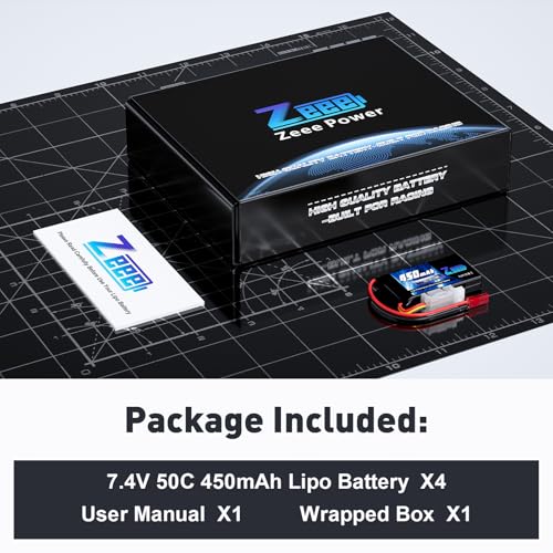 Zeee 2S Lipo Battery 450mAh 7.4V 50C with JST Plug (4 Pack)