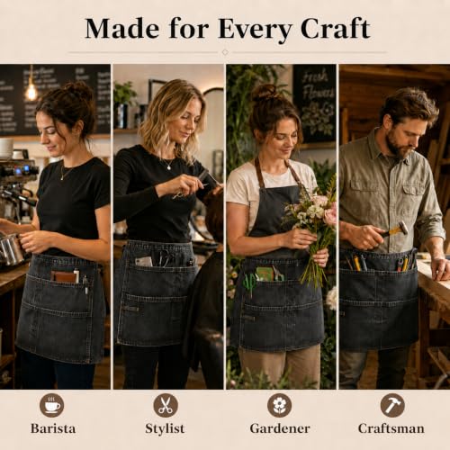 Denim Apron, Waist Apron with Pockets and Adjustable Long Ties - color: Waist Apron-black, size: Medium