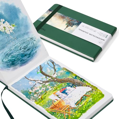 Lightwish Watercolor Journal, 100% Cotton Acid-Free Hot Press 300gsm/140lb - color: Green, size: 7.6*5.1 Inches