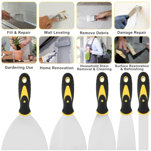 10 Pcs Putty Knife Set 1" 2" 3" 4" 5" Stainless Steel Paint Scraper Spackle Knives No Rusting Flexible Metal Scraper Tools for Repairing Drywall Removing Wallpaper Mud Plaster Scraping - color: 10pcs 1" 2" 3" 4" 5" Yellow