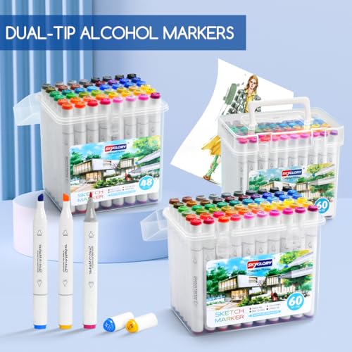 Alcohol Marker Pen Set, Fine & Chisel Dual-Tip Sketch Marker Set with Carrying Case for Drawing, Sketching, Anime, Manga (60)