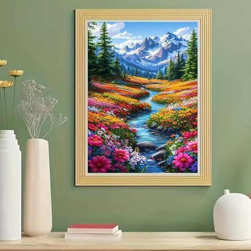 BOHADIY 5D Diamond Art Painting Kits for Beginners, Snowy Mountain Art Kits for Beginner,DIY River Flower Full Round Gem Crystal Art Paint by Diamond Home Wall Decor12X16inch