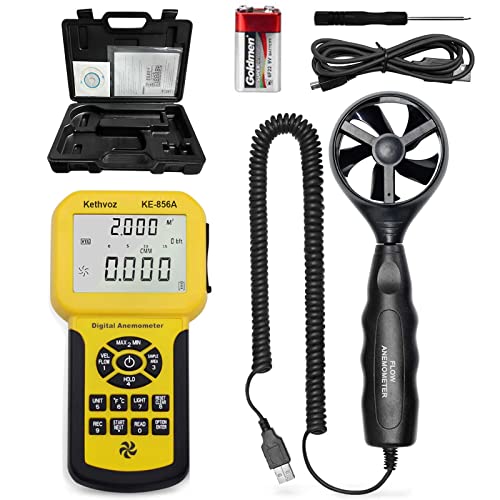 Kethvoz 856A HVAC Anemometer, Commercial CFM/CMM Air Flow Tester w/USB Data Storage & PC Connect - Measures Wind Speed, Air Volume, Temperature for AC, Ducts, Dust Collection Systems