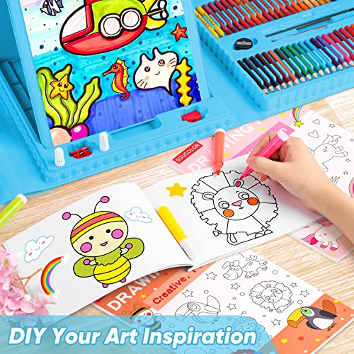 Soucolor 283 Pcs Art Supplies Drawing Set Easel Pads Coloring Book Gift - color: Blue