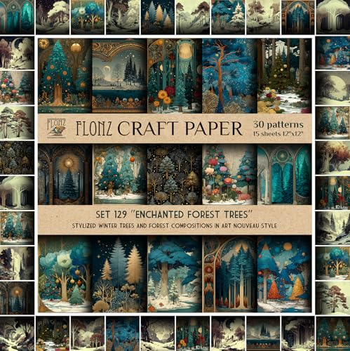 FLONZ Scrapbook Paper (30 patterns 12"x12") Enchanted Forest Trees ~ Stylized winter trees and forest compositions in art nouveau style with intricate framing and celestial elements