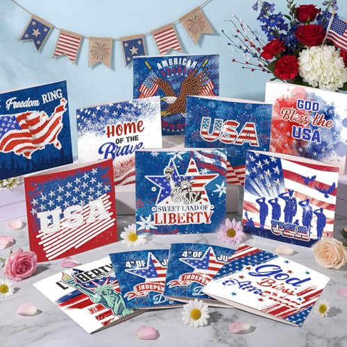 Saillong 12 Pack 4th of July Diamond Painting Greeting Card Kits Patriotic Diamond Art Cards with Envelopes Independence Day Red White Blue 5D Rhinestones Painting Making Kits for Adult DIY Craft Gift - color: Patriotic