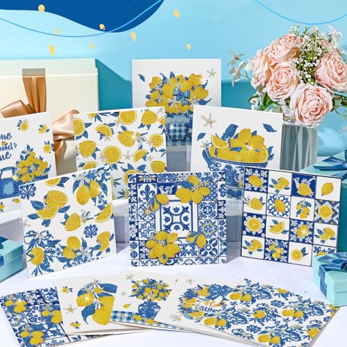 Saillong 12 Pack Lemon Diamond Painting Greeting Cards Kits Summer Capri Italy Lemon Diamond Art Cards with Envelopes Blue Yellow 5D Rhinestones Painting Making Kit for Adult DIY Craft Summer Gifts - color: Lemon