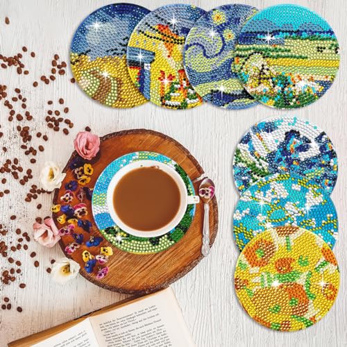 Muzagroo Art Van Gogh Diamond Painting Coasters Kits with Holder Diamond Art Coaster Kits for Beginners Diamond Paintings Kits for Adults Stress-reducing Handicrafts Paint by Diamond 8 PCS (Van Gogh) - color: Van Gogh