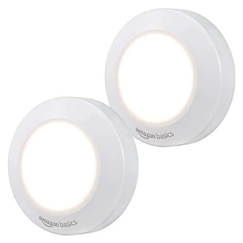 Amazon Basics LED Puck Lights, Battery Operated, 50 Lumens, Under Cabinet Lighting, Easy to Install, Easy to Use, Adhesive Backing, 2-Pack, White - style: Puck Light