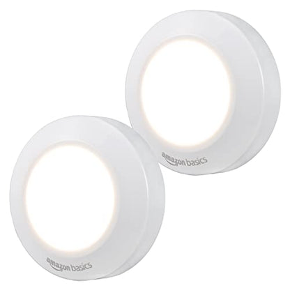 Amazon Basics LED Puck Lights, Battery Operated, 50 Lumens, Under Cabinet Lighting, Easy to Install, Easy to Use, Adhesive Backing, 2-Pack, White - style: Puck Light