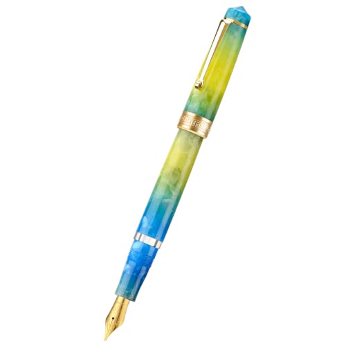 Asvine P20 Piston Fountain Pen, Stub Nib 1.1mm Calligraphy Art Drawing Gradual Yellow Acrylic with Case Set - color: Gradual Yellow, style: Stub Point