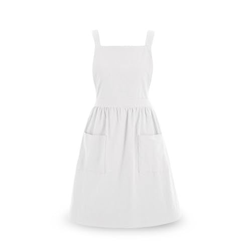 Pinknoke Cute Cotton Pinafore Aprons for Women with Pockets for Kitchen - color: White