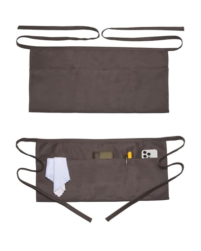 Argstar 2 Pack Server Apron with 4 Pockets, Waitress Waiter Waist WaterDrop Resistant Short Aprons - color: Grey