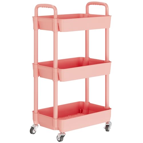 3 Tier Rolling Cart with Wheels, Utility Storage Carts,Pink - color: Pink, size: 3-Tier