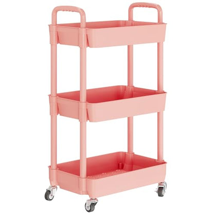 3 Tier Rolling Cart with Wheels, Utility Storage Carts,Pink - color: Pink, size: 3-Tier