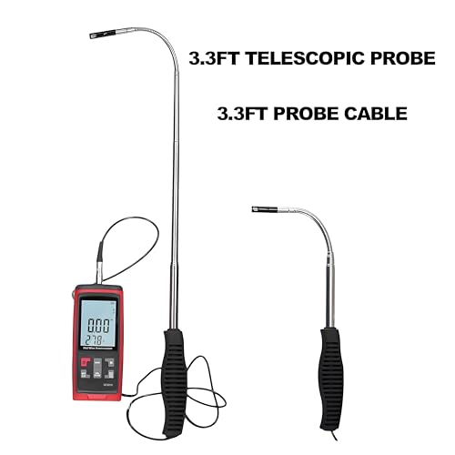 Hot Wire Anemometer Handheld with Bendable Telescoping Probe, HVAC in-Duct Peak Airflow Wind Speed Anemometer, Temperature CFM CMM Meter, Backlit LCD, Data Record & Output