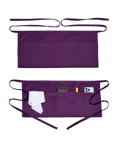 Argstar 2 Pack Server Apron with 4 Pockets, Waitress Waiter Waist WaterDrop Resistant Short Aprons - color: Purple