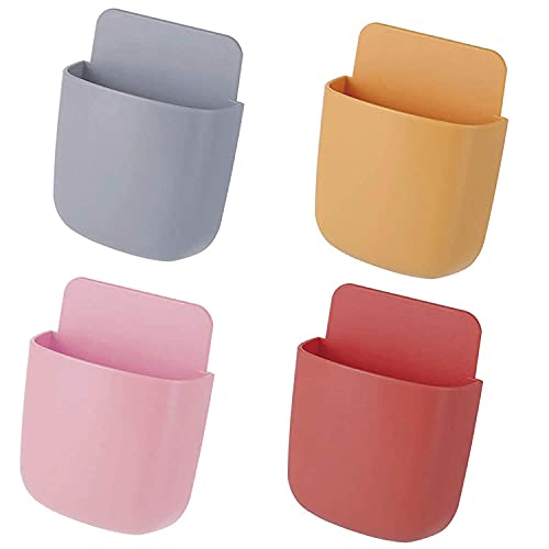 Remote Control Holder, Set of 4, Sticky Wall Mount Storage Box Wall Phone Organizer Pen Holder for Home Office School, Remote Pencil (Red, Yellow, Gray, Pink) - color: Red, Yellow, Gray, Pink