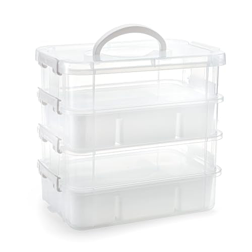 Foraineam 4-Tier Clear Storage Bins With 2 Divided Trays, Stackable Carry Storage Box Container, Plastic Lidded Organizer Case With Handle for Beads, Tools, Arts & Crafts, Sewing, Office Supplies