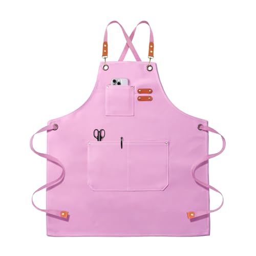 OUNLEN Chef Apron for Men Women Canvas Aprons with 3 Pockets Cross Back Resistant Work Apron for Cooking - color: Light Pink