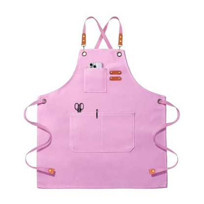 OUNLEN Chef Apron for Men Women Canvas Aprons with 3 Pockets Cross Back Resistant Work Apron for Cooking - color: Light Pink