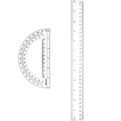 Zonon 2 Pcs 12 Inch Clear Ruler and 6 Inch Plastic Protractor Set, Clear - color: Clear