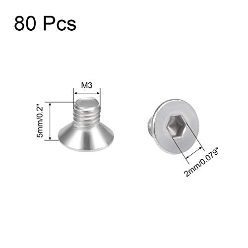 uxcell M3x5mm Flat Head Machine Screws Inner Hex Screw 304 Stainless Steel Fasteners Bolts 80Pcs - size: M3x5mm