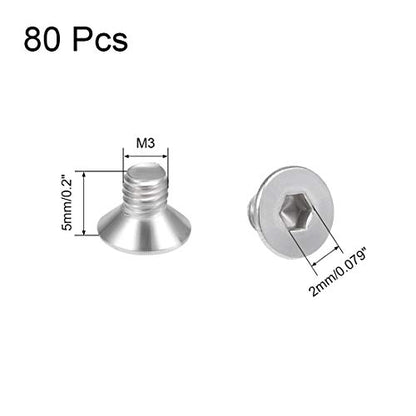 uxcell M3x5mm Flat Head Machine Screws Inner Hex Screw 304 Stainless Steel Fasteners Bolts 80Pcs - size: M3x5mm