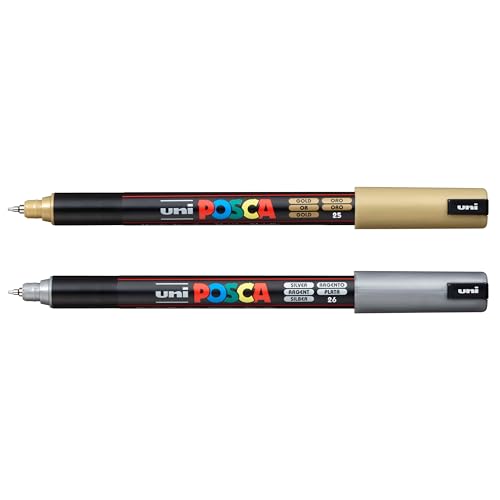 Authentic Posca Marker Set, 2 Silver & Gold Professional Grade Posca Paint Markers with 1MR Extra Fine Tip - size: 1 Count (Pack of 2)