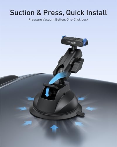 TELESIN Suction Cup Car Mount for DJI Action 6 5 pro/4/3 – Strong Magnetic Base, 360° Adjustable Dual Ball Head, Quick Release Camera Mount for Windshield, Dashboard & Smooth Surfaces