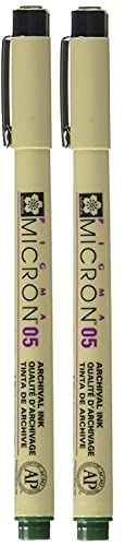 SAKURA PIGMA MICRON 05 FINELINER PEN, 0.45MM LINE WIDTH, PACK OF 2 (Hunter Green) - color: Hunter Green