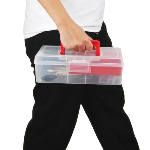 JUXYES Clear Art Craft Supply Storage Bin Sewing Box With Handle Lid - color: Red, size: 1 Pack